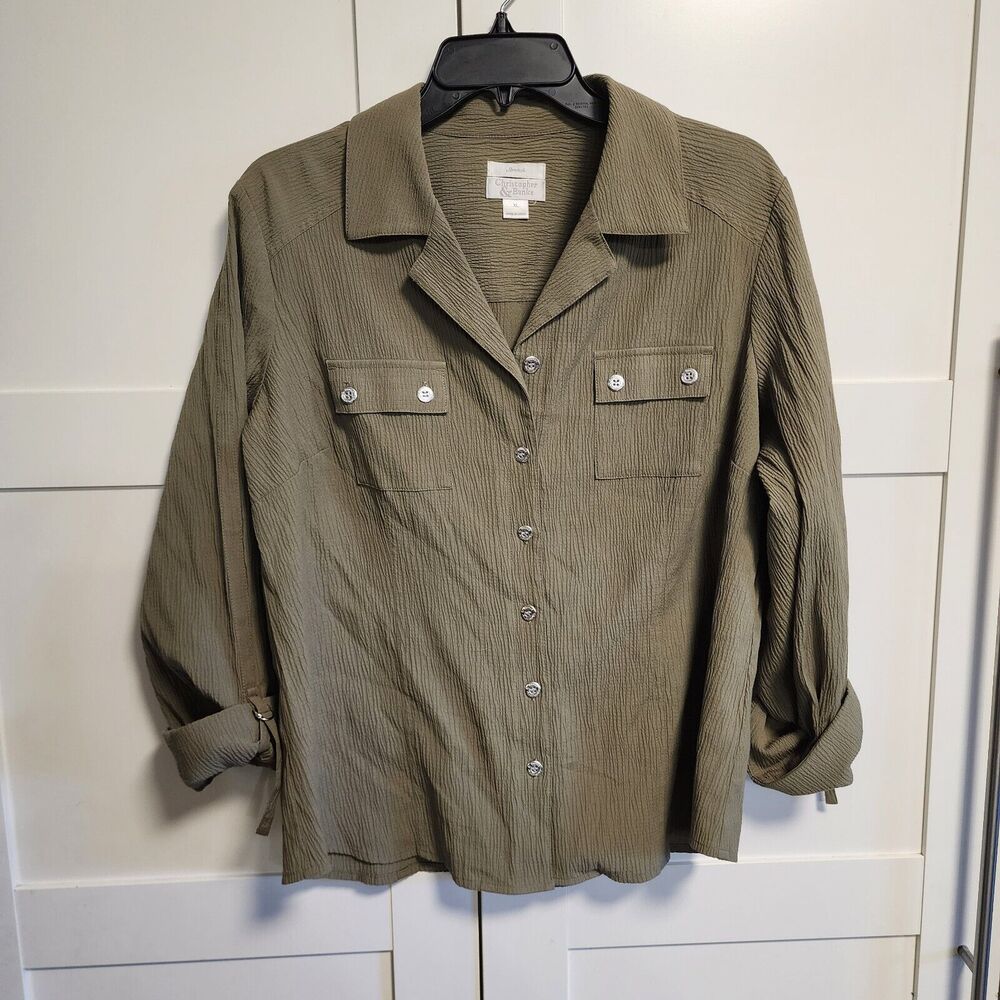 Christopher & Banks Olive Roll Up Sleeve Button Front Blouse  Sz  XL